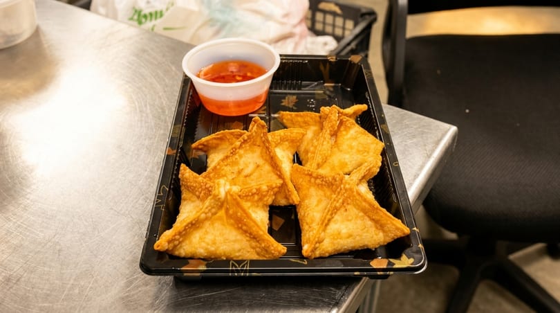 Crispy crab rangoon appetizers and sweet and sour sauce in a black takeout container.