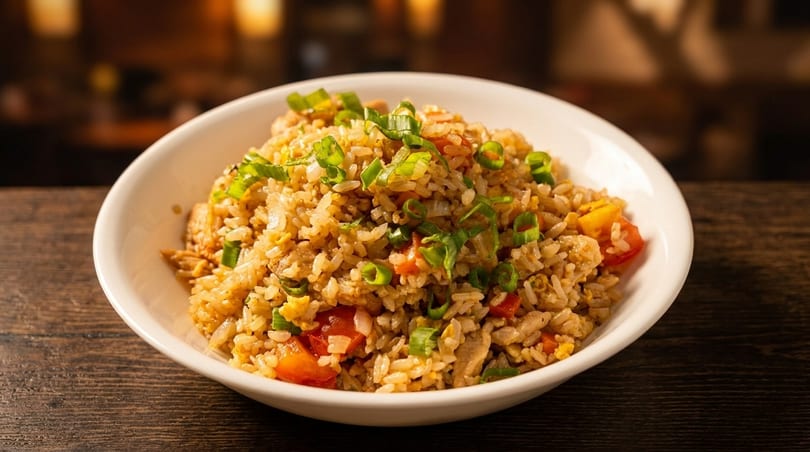 A white bowl filled with fried rice, garnished with chopped green onions, on a wooden table.