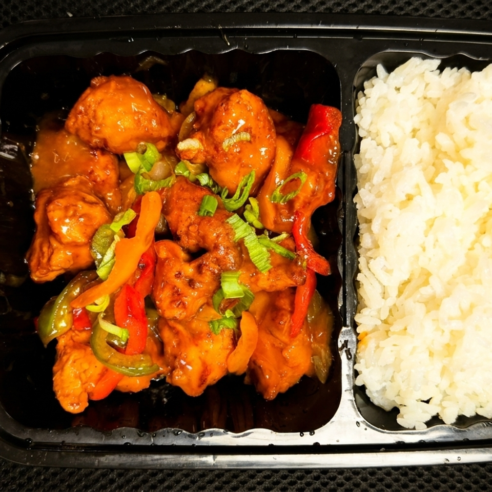 Takeout container with orange chicken, bell peppers, green onions, and white rice.