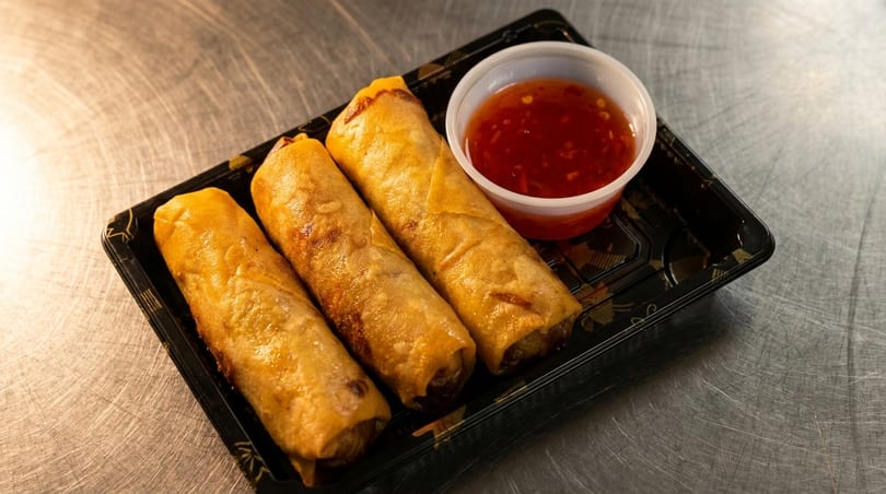 Three golden-brown egg rolls and a small cup of sweet chili sauce in a black takeout container.