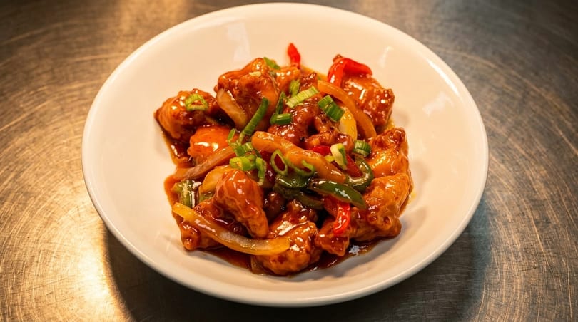 Sweet and sour chicken with peppers, onions, and scallions in a white bowl.